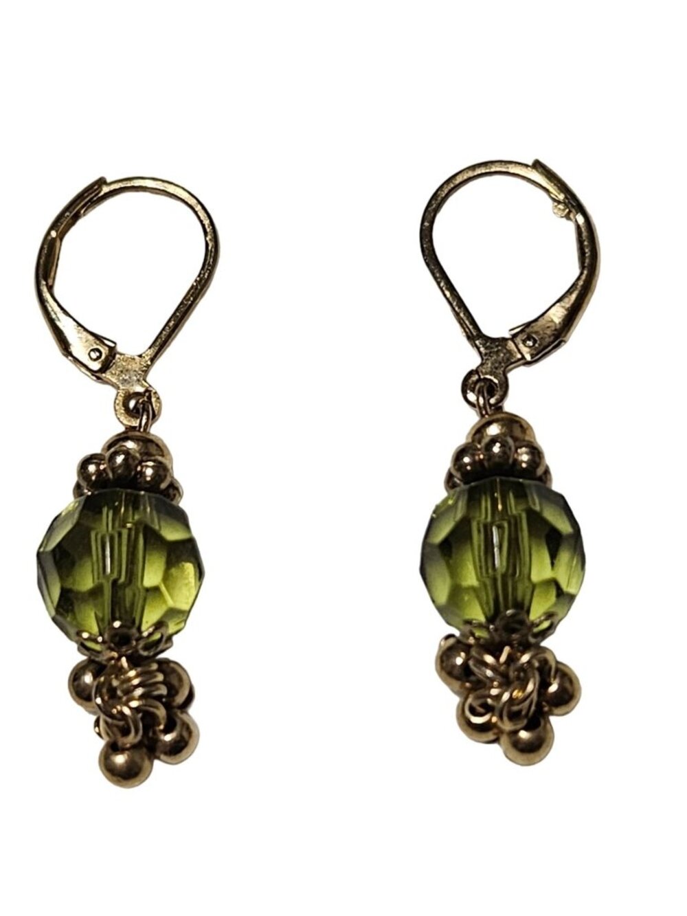 Vintage Olive Green Drop Earrings Faceted Beads Victorian Antiqued Gold Tone